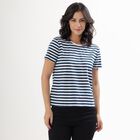 Women's Deep Midnight Navy Round Neck Striped T-Shirt, Navy Blue, small image number null
