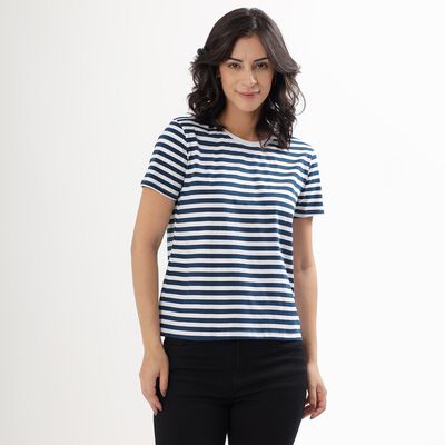 Women's Deep Midnight Navy Round Neck Striped T-Shirt