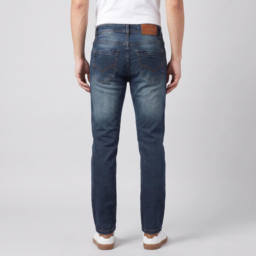 Men's Navy Blue Slim Fit Washed Jeans, गहरा नीला, large