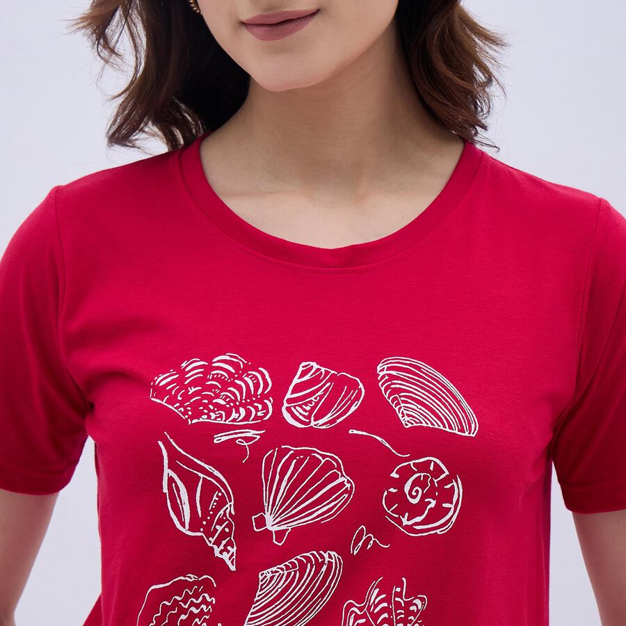 Women's Bright Red Round Neck Casual T-Shirt, Fuchsia, large