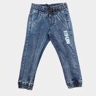 Boys Blue Jogger Fit Printed Jeans, Dark Blue, small