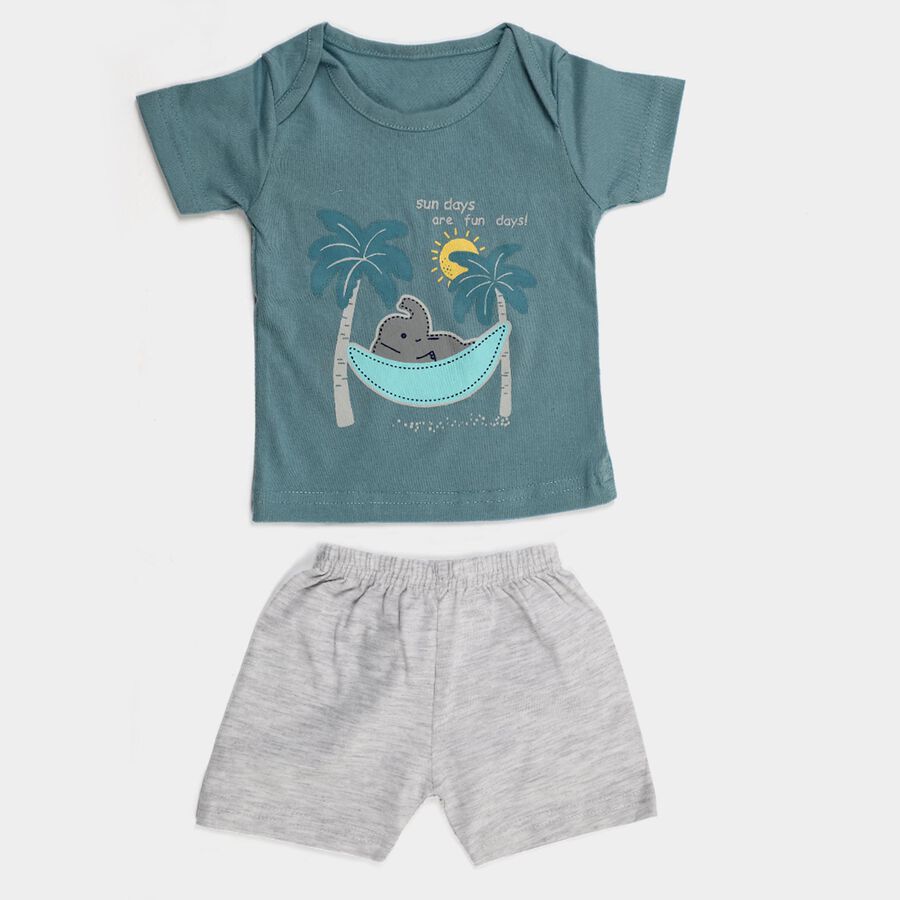 Infants' Teal Blue Cotton Round Neck Printed Baba Suit, Teal Blue, large