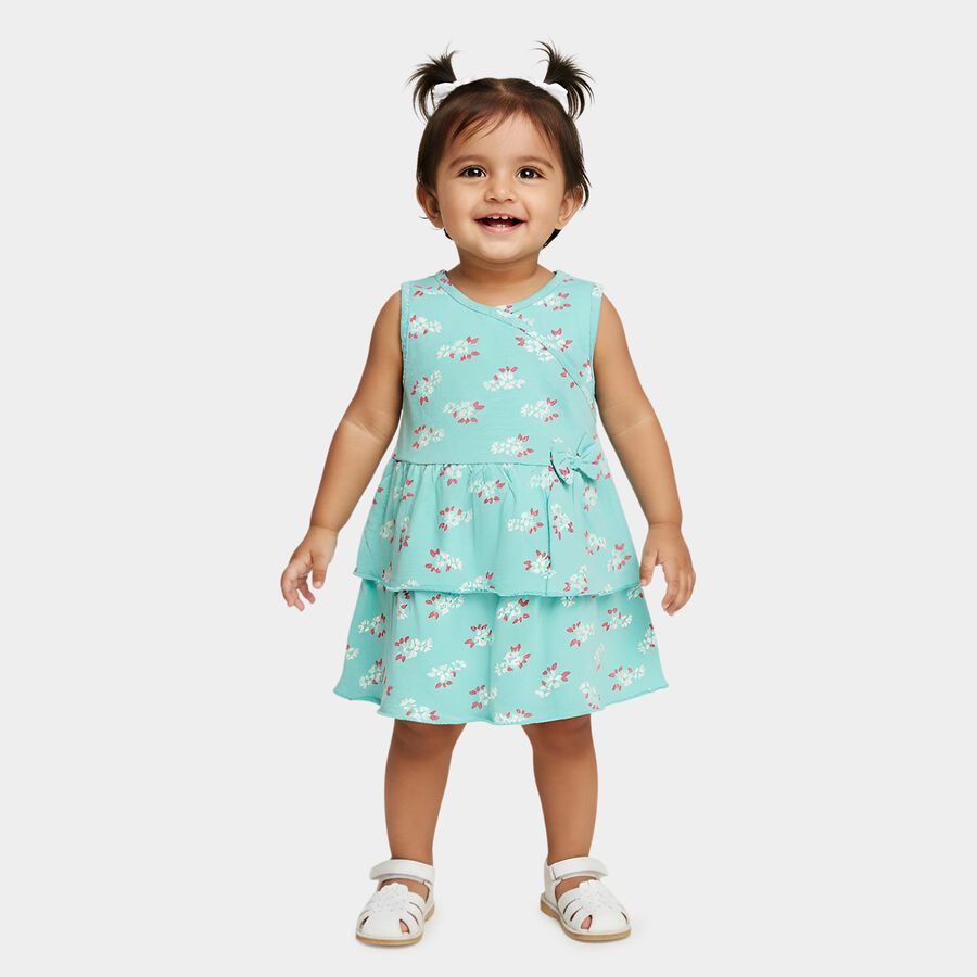 Infants' Teal Regular Fit Floral Printed Layered Frock, Aqua, large