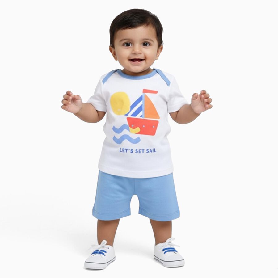 Infants' White Cotton Raglan Neck Boat Print Baba Suit, मध्यम नीला, large image number null