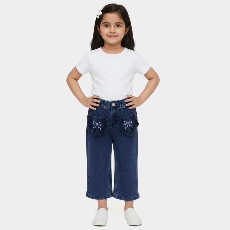 Girls' Navy Blue Wide Leg Ruffled Bow Jeans, Mid Blue, large