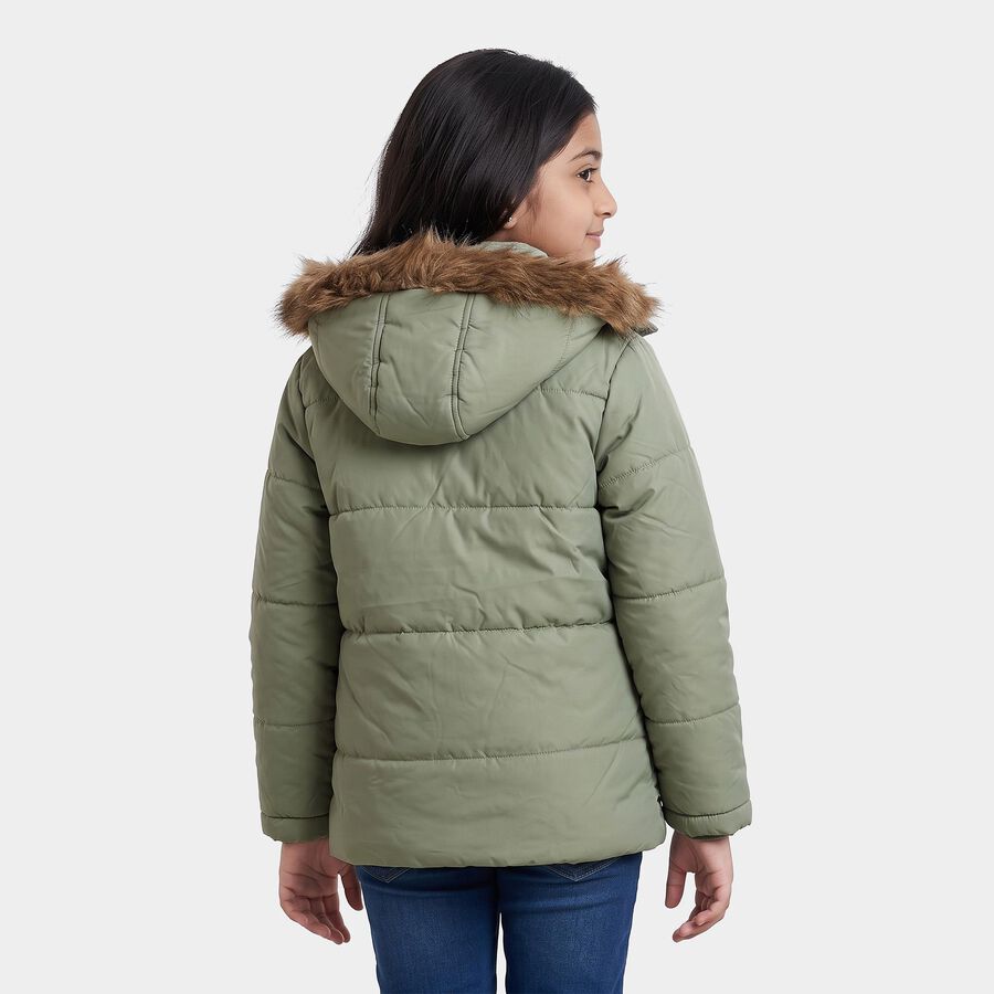 Girls' Sage Green Hooded Puffer Jacket, Light Green, large