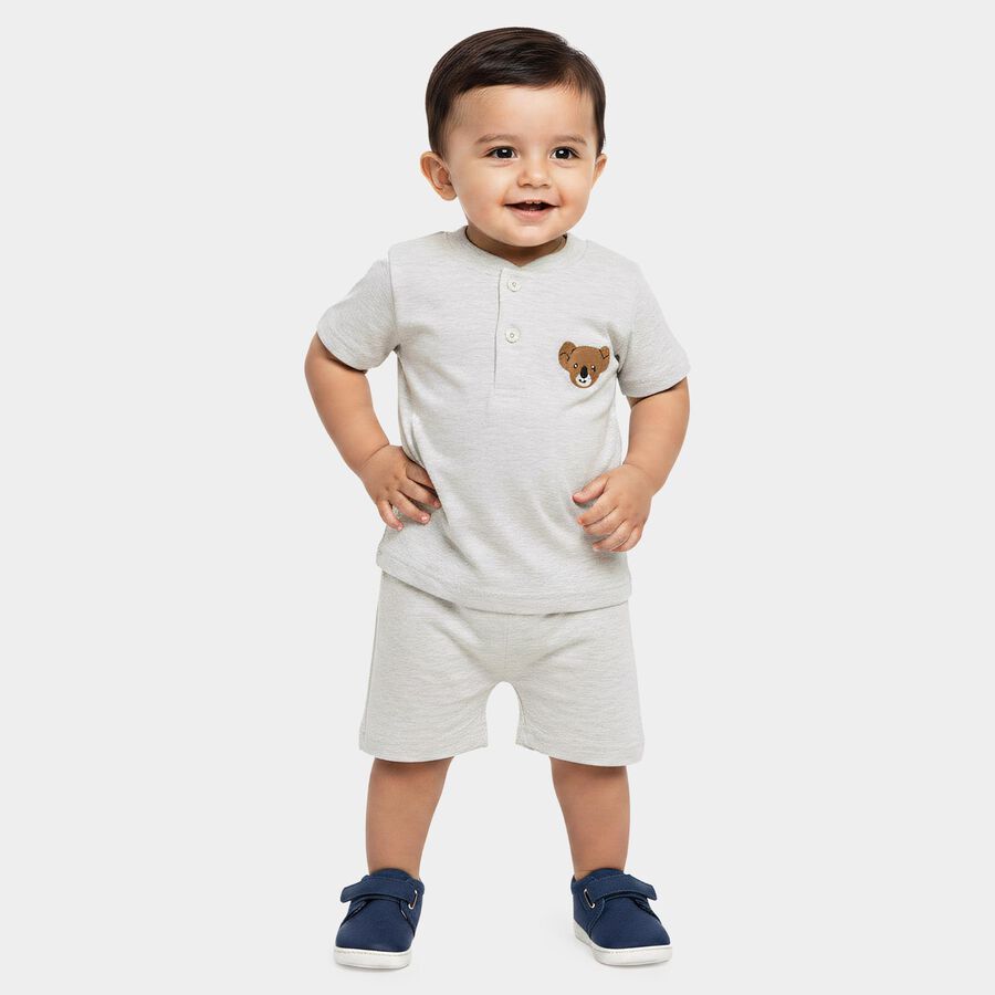Infants' Grey 100% Cotton Henley Neck Graphic Print Baba Suit, Light Grey, large