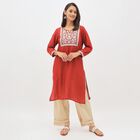 Women's Deep Maroon Keyhole Neck Embroidered Kurta, मरून, small image number null