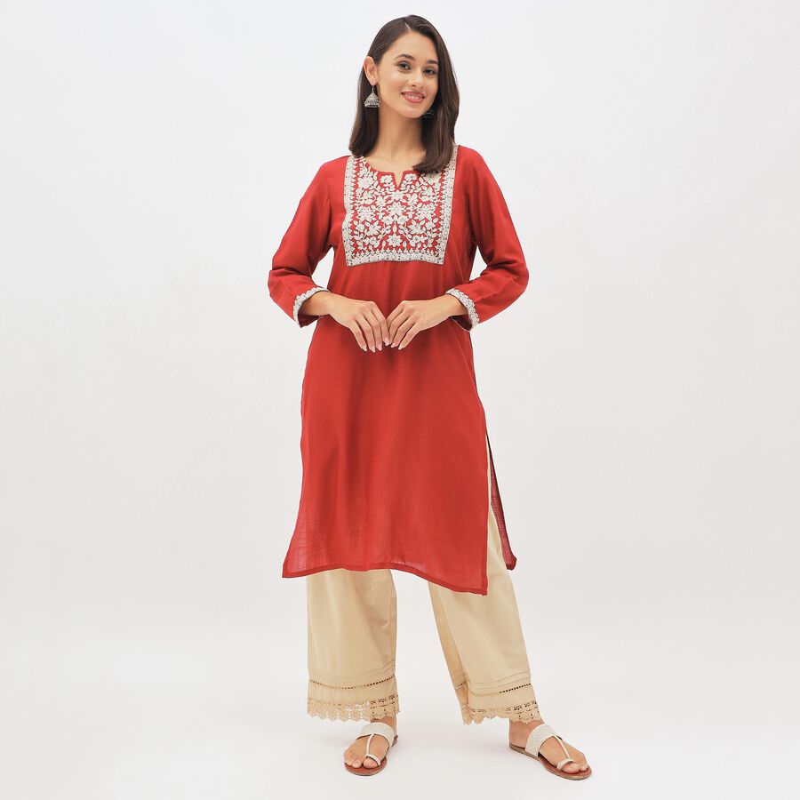 Women's Deep Maroon Keyhole Neck Embroidered Kurta, मरून, large image number null