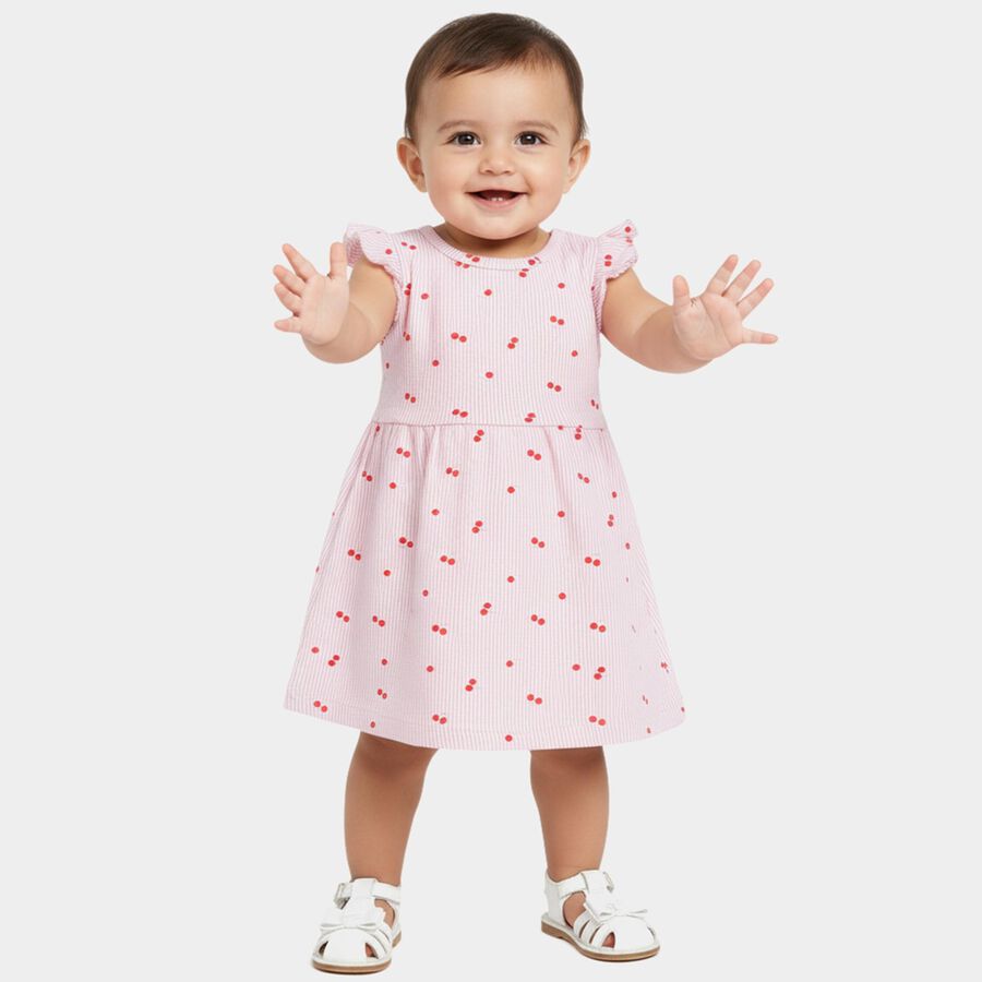 Infants' Pink and White Regular Fit Cherry Printed Striped Frock, Pink, large