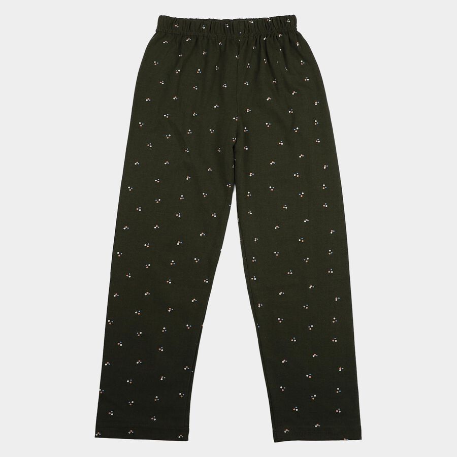 Girls Olive Green Straight Fit Printed Pyjama, Olive, large