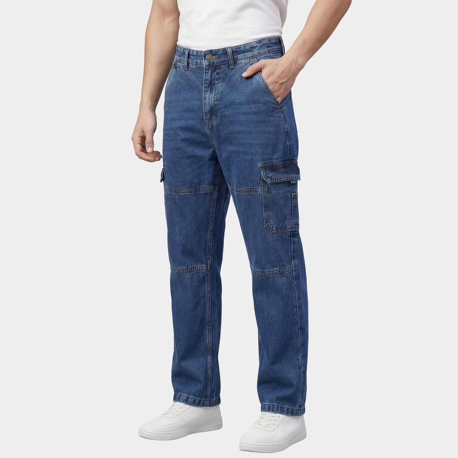 Men's Blue Regular Fit Washed Jeans, Dark Blue, large