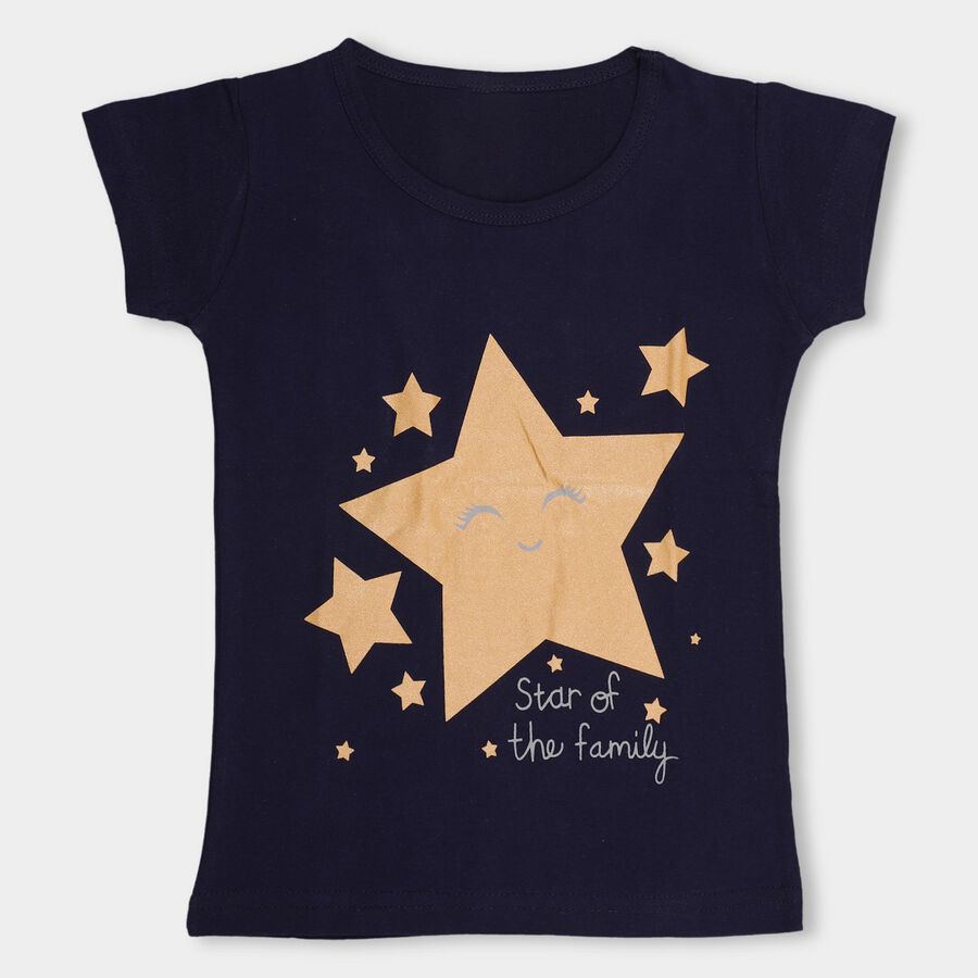 Girls' Deep Midnight Navy Blue Cotton Round Neck Casual T-Shirt, Navy Blue, large