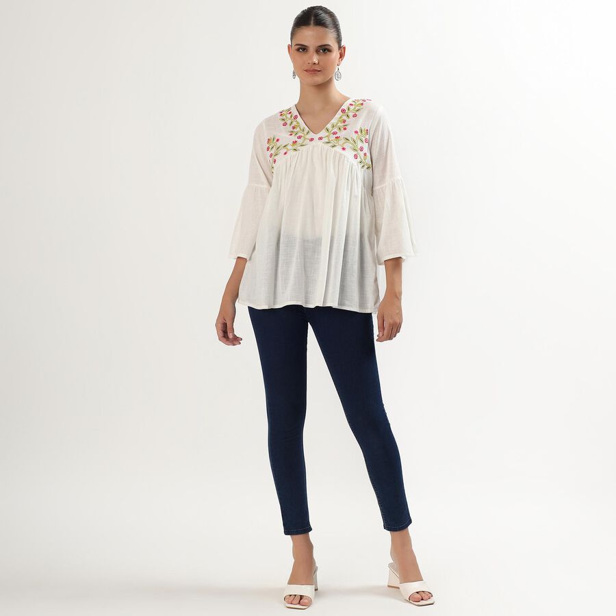 Women's Ivory White Cotton V-Neck Embroidered Kurti, ऑफ व्हाइट, large image number null
