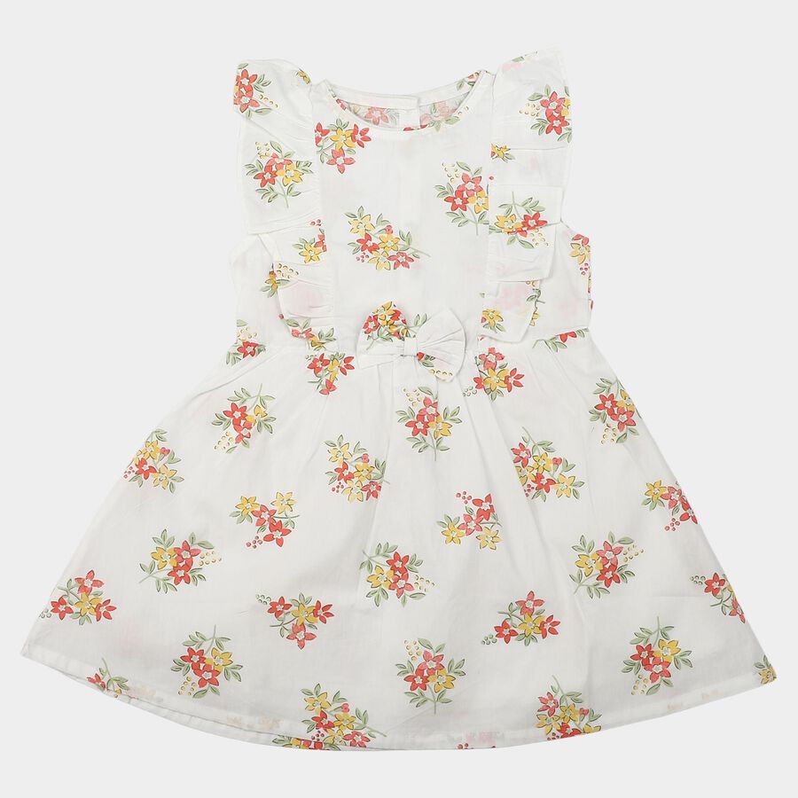 Girls' White Floral Printed Fit and Flare Frock, Off White, large