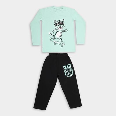 Boys' Light Green Round Neck Graphic Baba Suit