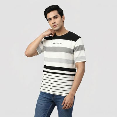 Men's White Round Neck Striped T-Shirt