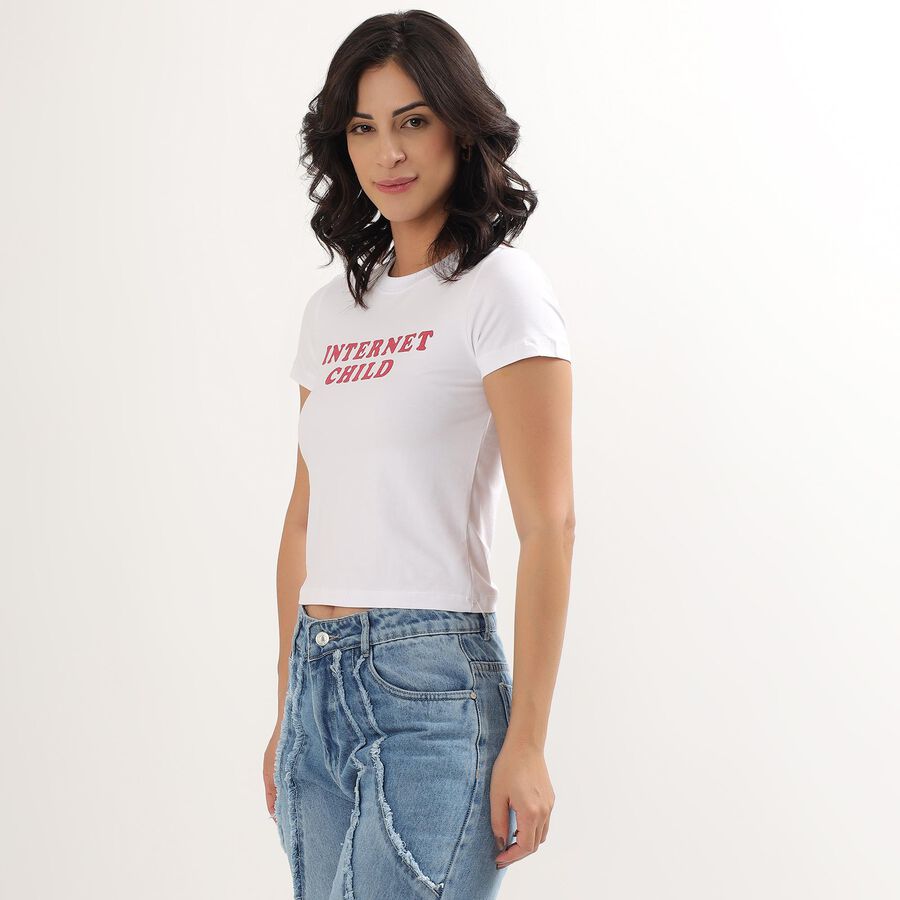 Ladies Bright White Round Neck Crop Top, White, large image number null