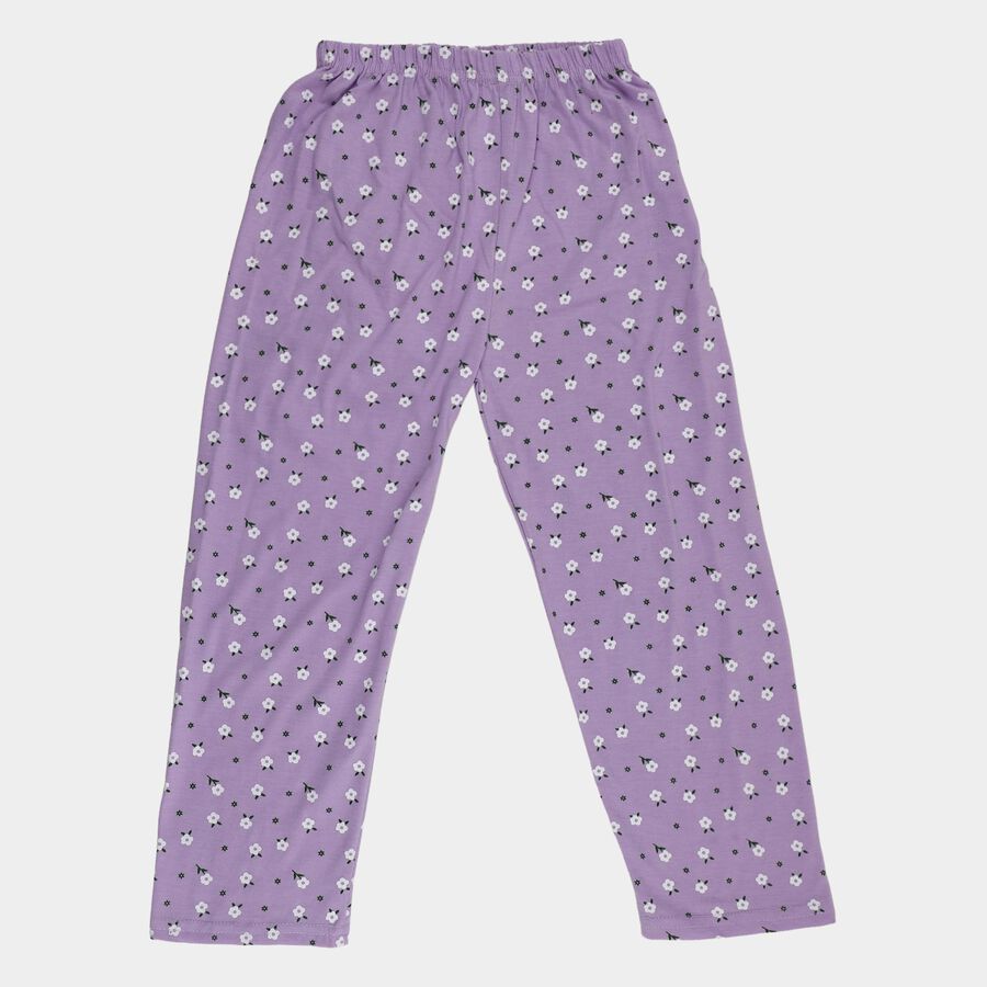 Girls' Purple Regular Fit Cat Printed Cotton Blend Pyjama, Purple, large