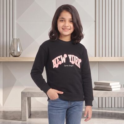 Girls' Black Crew Neck Pullover Sweatshirt