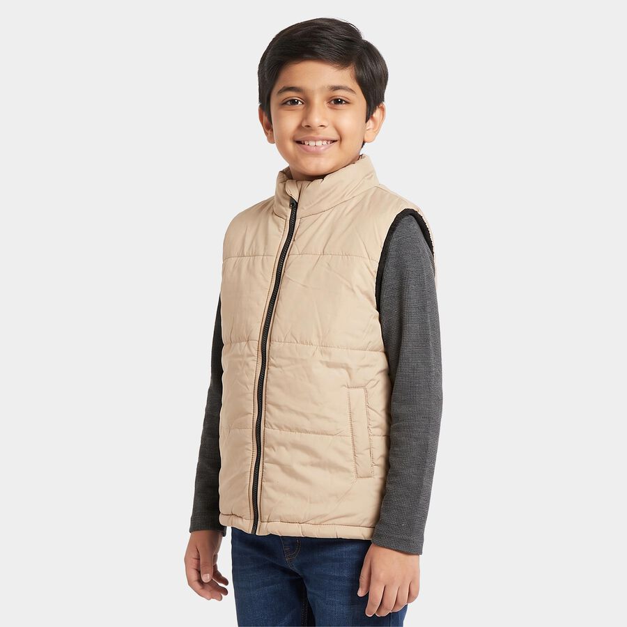 Boys Beige Stand Collar Puffer Jacket, Beige, large