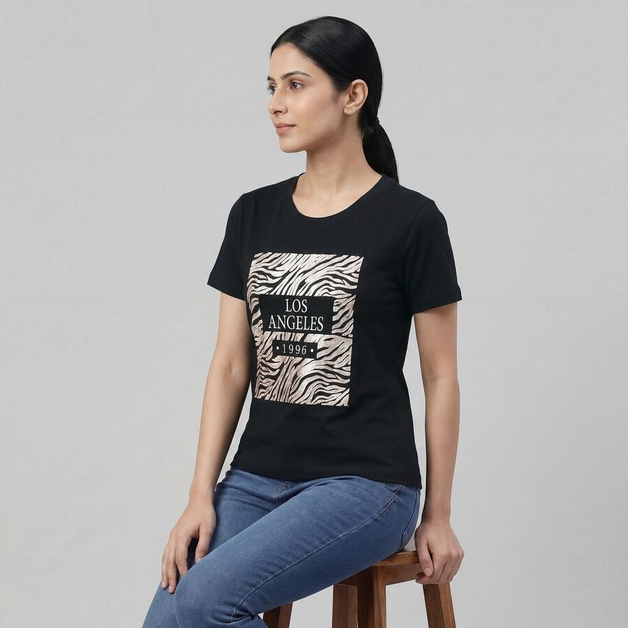 Women's Black Round Neck Minimalist T-Shirt, काला, large