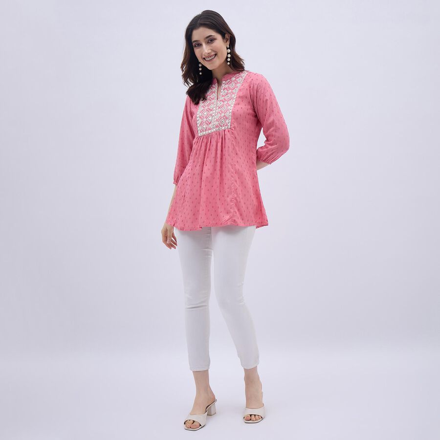 Women's Pink Embroidered Mandarin Collar Kurta, गुलाबी, large image number null