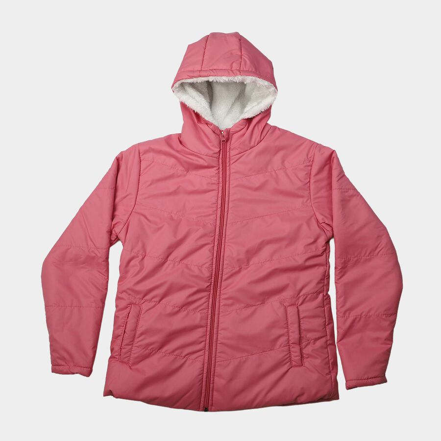Girls' Pink Hooded Puffer Jacket, Pink, large
