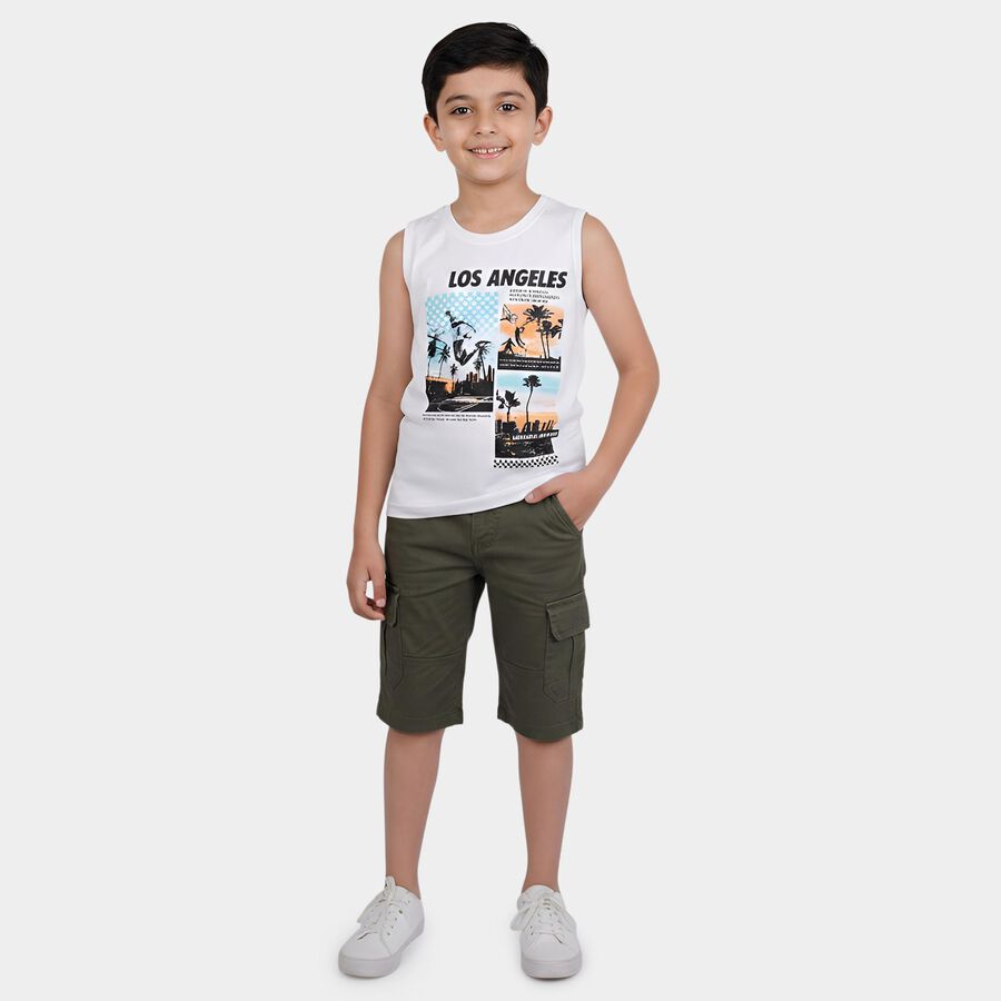 Boys White Round Neck Casual Sleeveless T-Shirt, White, large