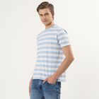 Men's Light Blue Round Neck Horizontal Striped T-Shirt, स्काई ब्लू, small