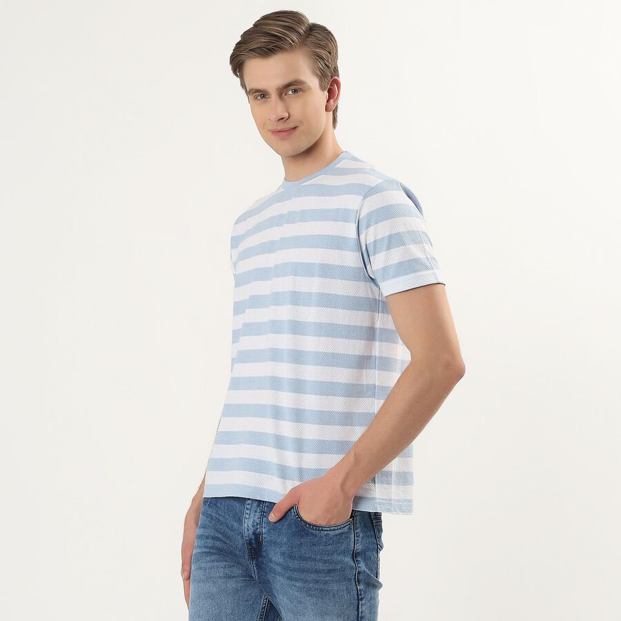 Men's Light Blue Round Neck Horizontal Striped T-Shirt, स्काई ब्लू, large