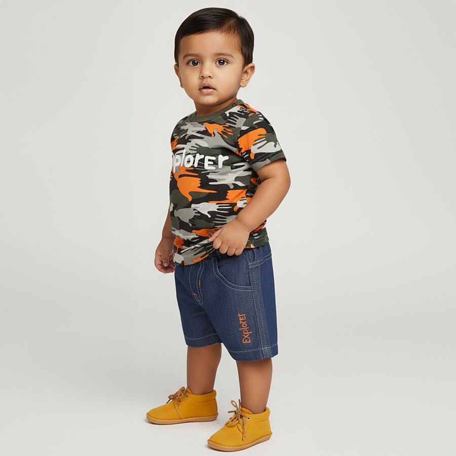 Infants' Olive Cotton Round Neck Camouflage Baba Suit, ओलिव, large