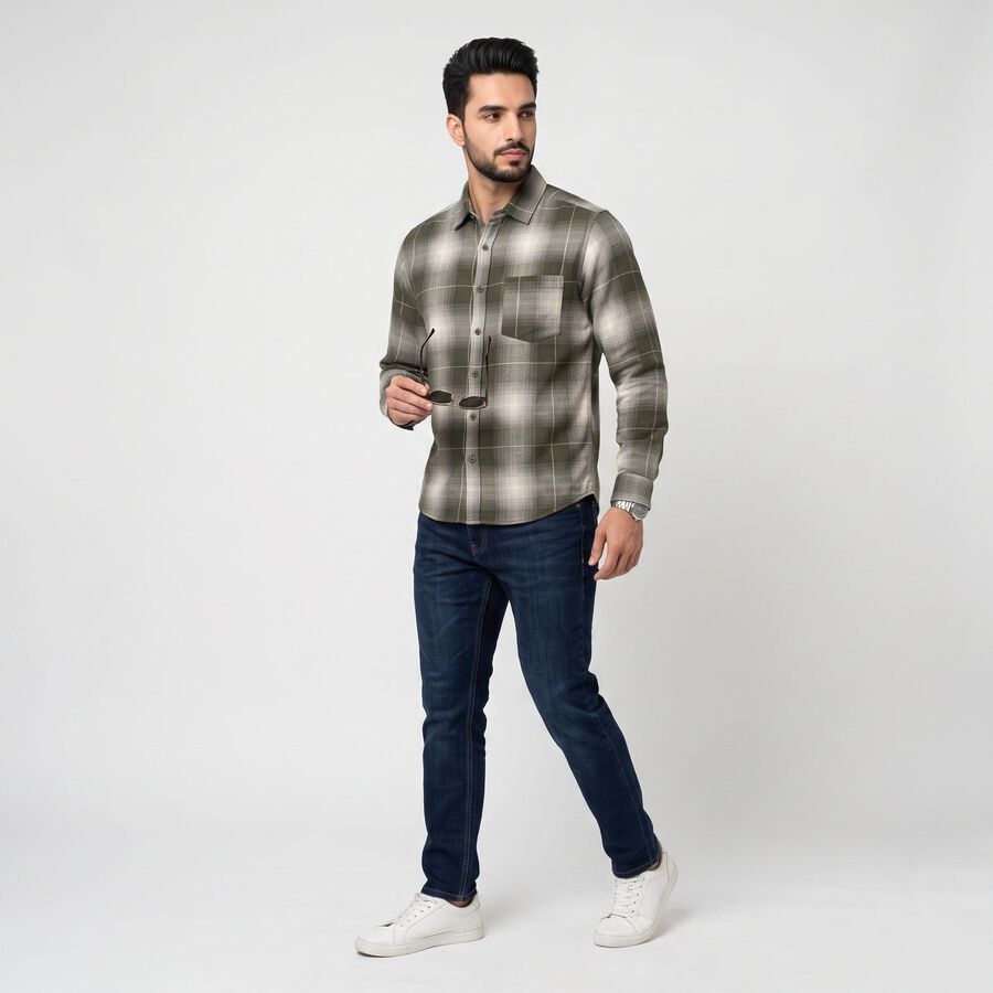 Men's Olive Green Cotton Long Sleeve Checked Casual Shirt, Olive, large