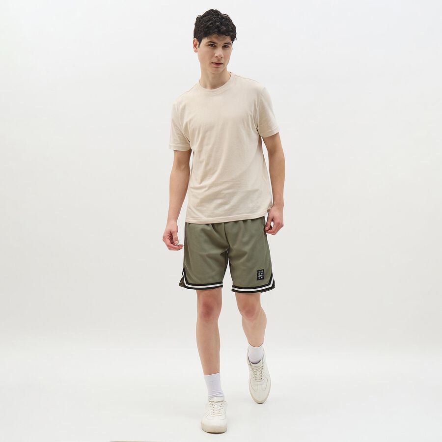Men's Muted Olive Green Textured Elastic Waist Bermuda Shorts, Light Green, large