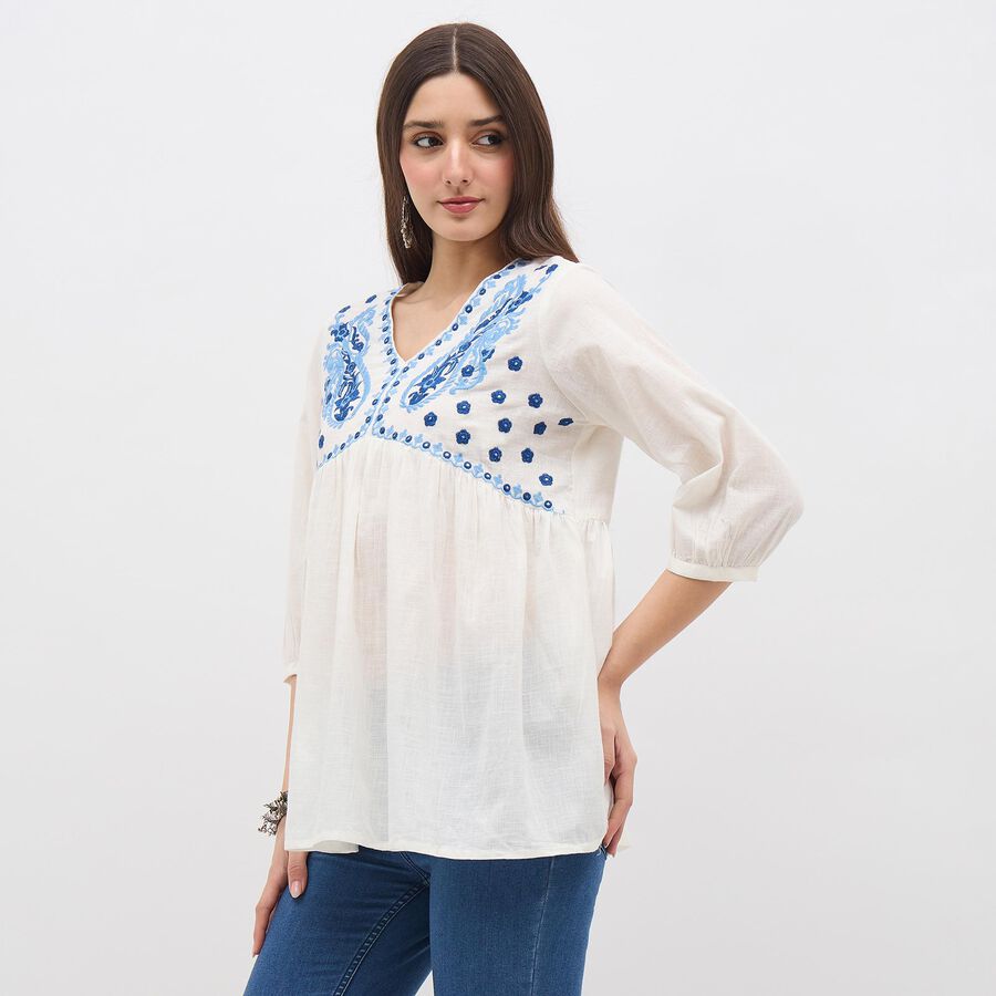 Women's White Cotton V-Neck Embroidered Kurti, White, large image number null