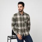 Men's Olive Green Cotton Long Sleeve Checked Casual Shirt, Olive, small