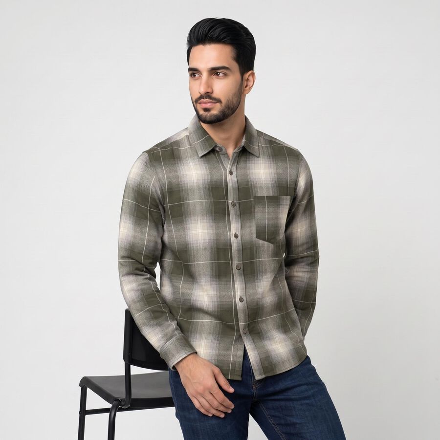 Men's Olive Green Cotton Long Sleeve Checked Casual Shirt, Olive, large