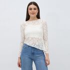 Women's White Round Neck Romantic Lace Top, White, small