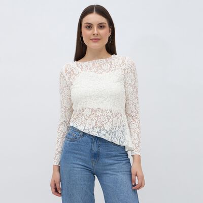 Women's White Round Neck Romantic Lace Top