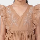 Girls' Brown Cotton V-Neck A-Line Dress, Brown, small