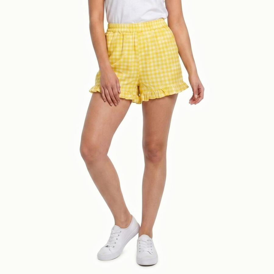 Women's Yellow Regular Fit Gingham Ruffle Hem Shorts, पीला, large