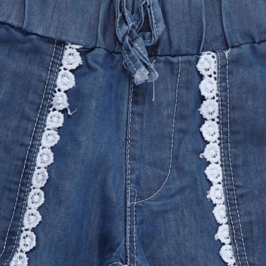 Girls' Deep Blue Relaxed Fit Lace Trim Jeans, मध्यम नीला, large image number null