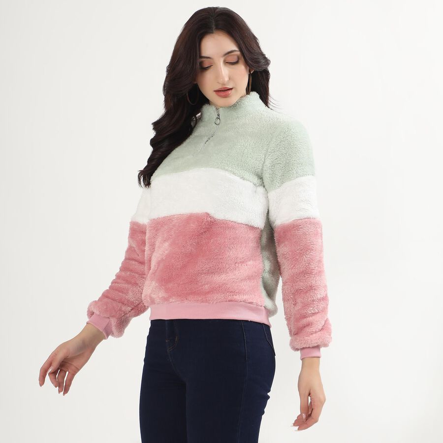 Women's Pastel Pink and Mint Green Zip Neck Casual Sweatshirt, गुलाबी, large image number null