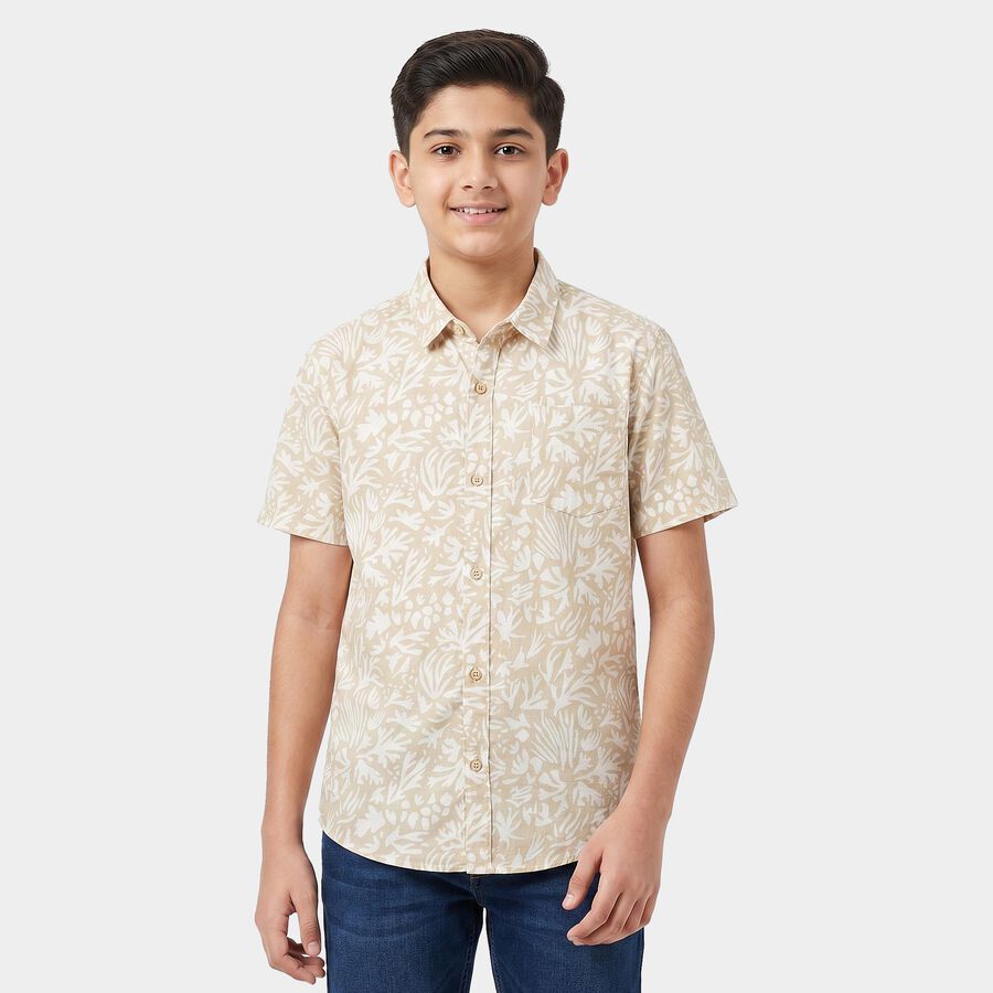 Boys Beige Cotton Printed Collar Regular Fit Shirt, Beige, large
