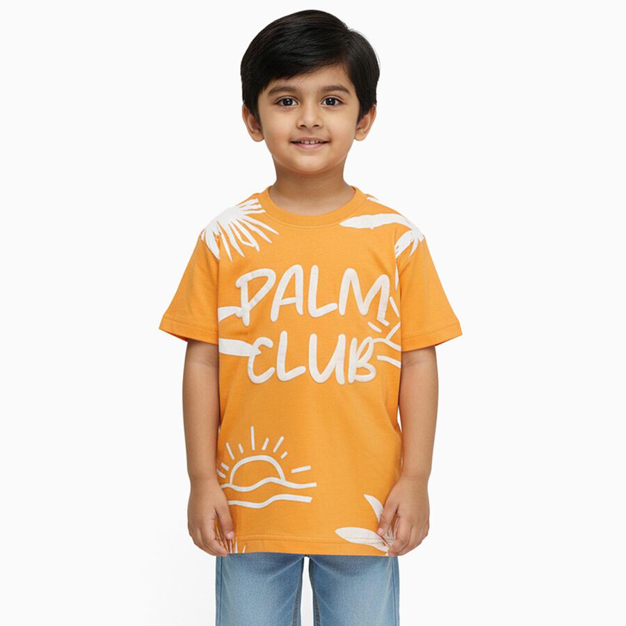 Boys Bright Orange Cotton Round Neck Casual T-Shirt, Orange, large image number null