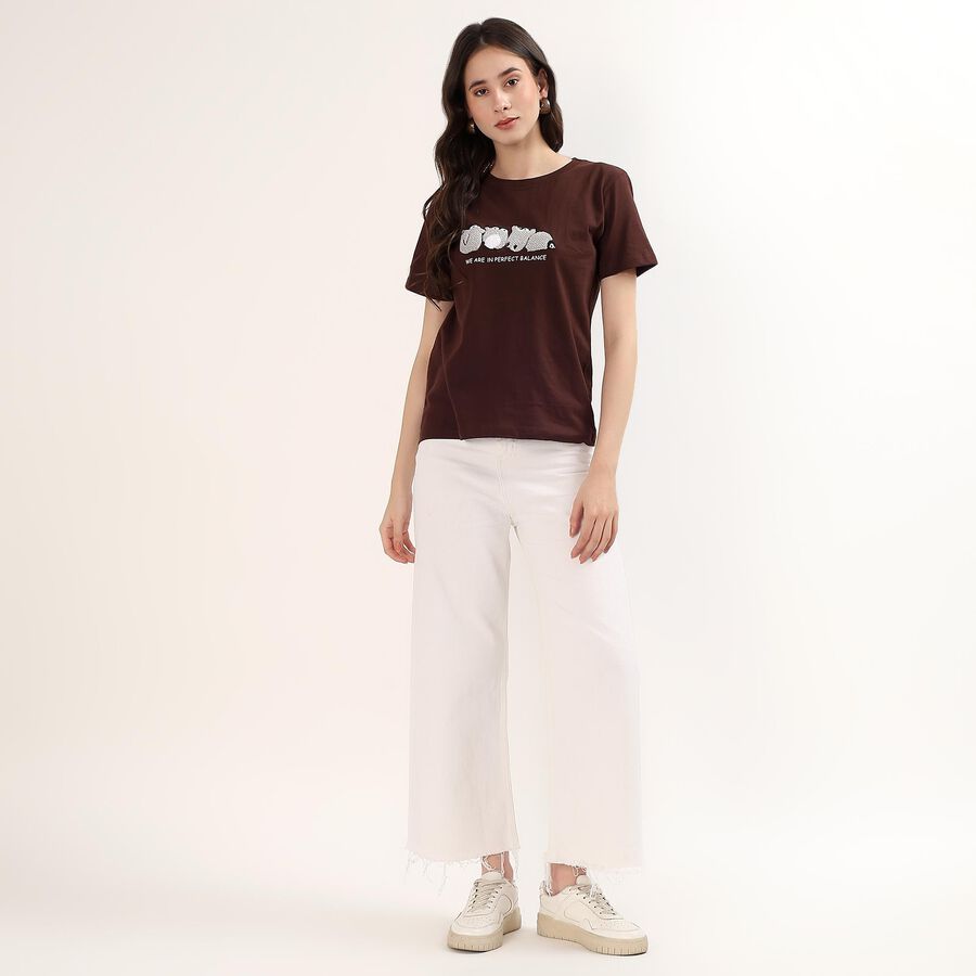 Women's Brown Round Neck Casual T-Shirt, Brown, large