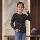 Girls' Black Round Neck Floral Regular Top, काला, small
