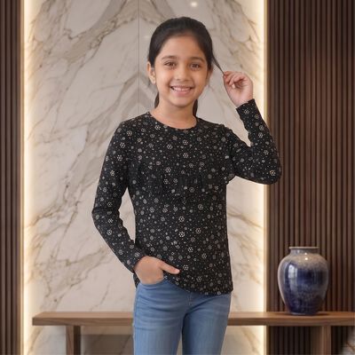 Girls' Black Round Neck Floral Regular Top