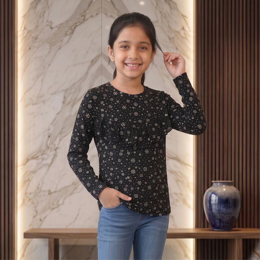 Girls' Black Round Neck Floral Regular Top, काला, large