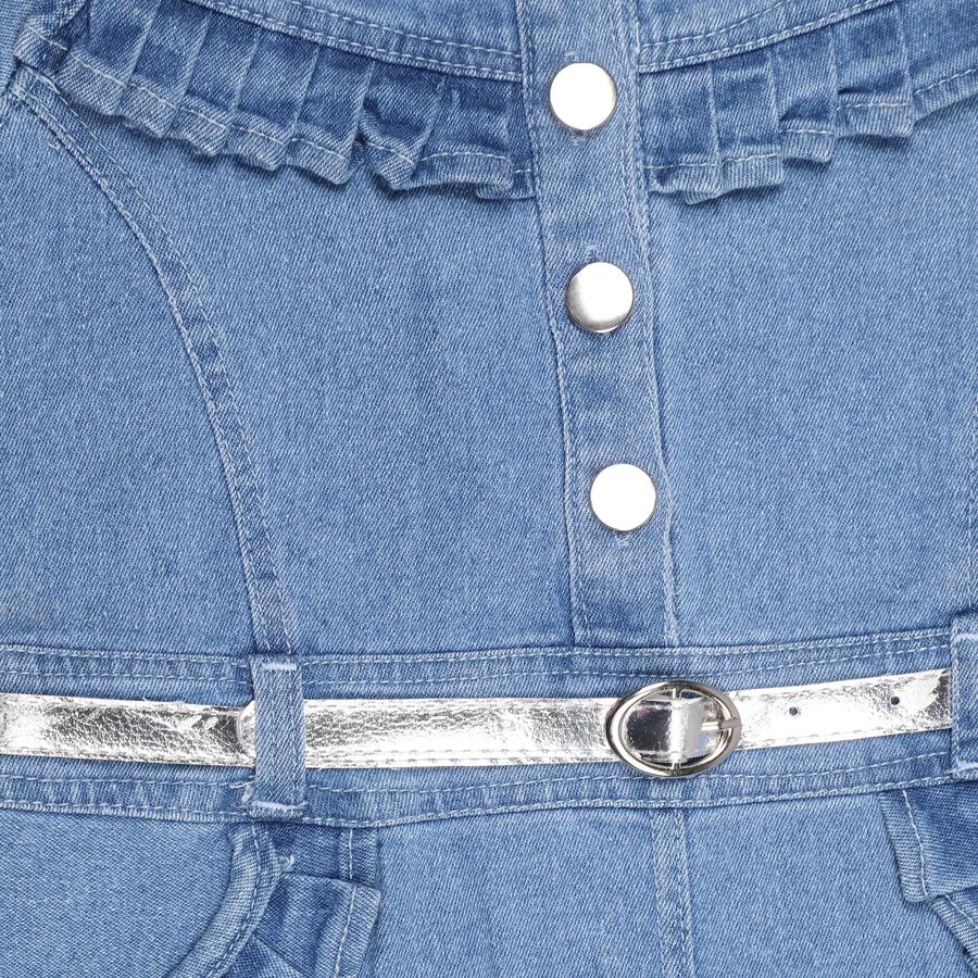 Girls' Light Denim Blue A-Line Ruffled Frock, Mid Blue, large image number null